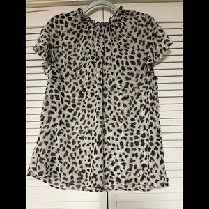 Express Mock Neck Short Sleeve Blouse, Leopard Print, Size XL